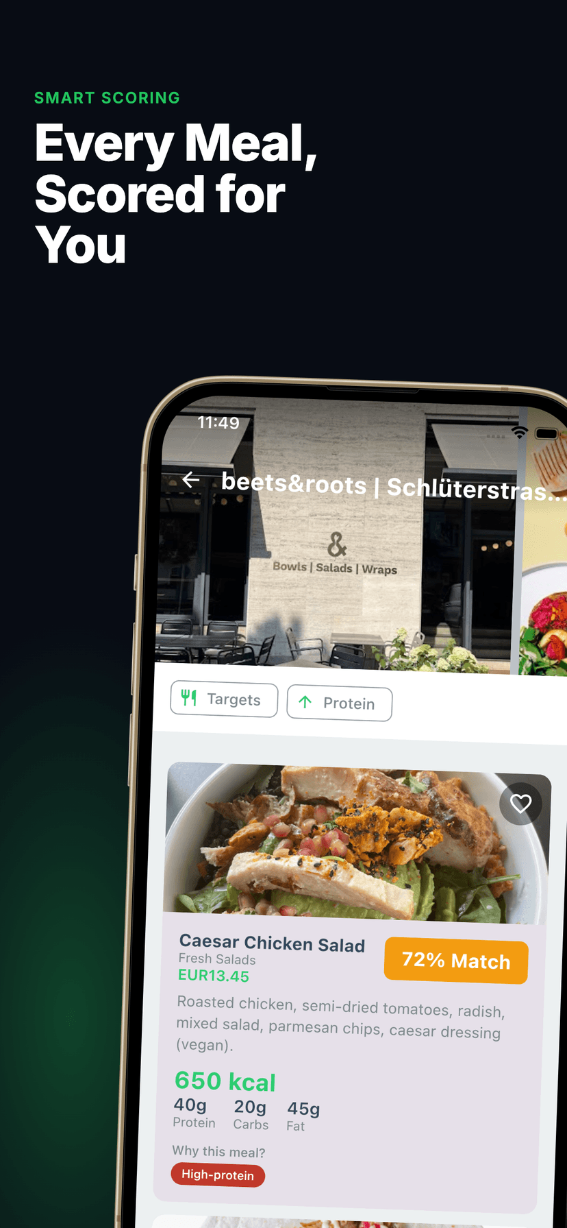 Every Meal, Scored for You - Restaurant menu with smart scoring and protein filters