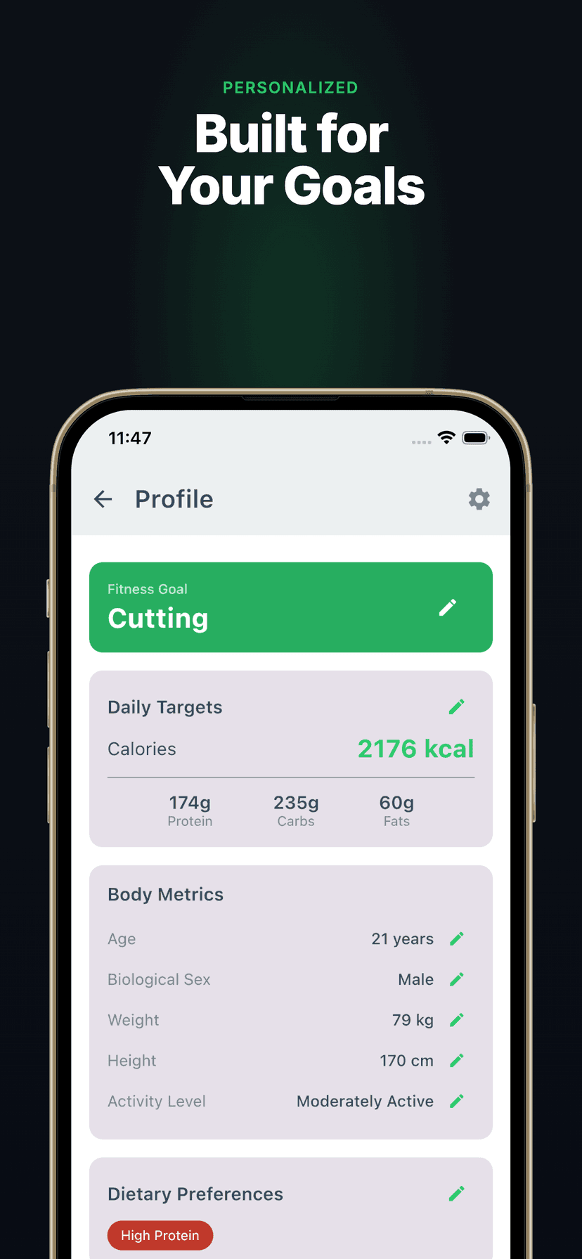 Built for Your Goals - Profile with fitness goal and daily macro targets
