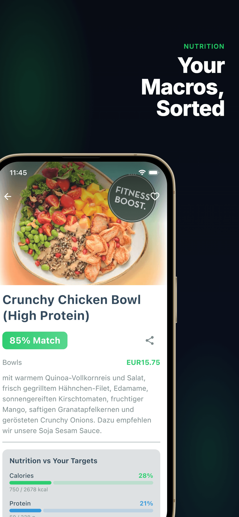 Your Macros, Sorted - Meal nutrition breakdown compared to your targets