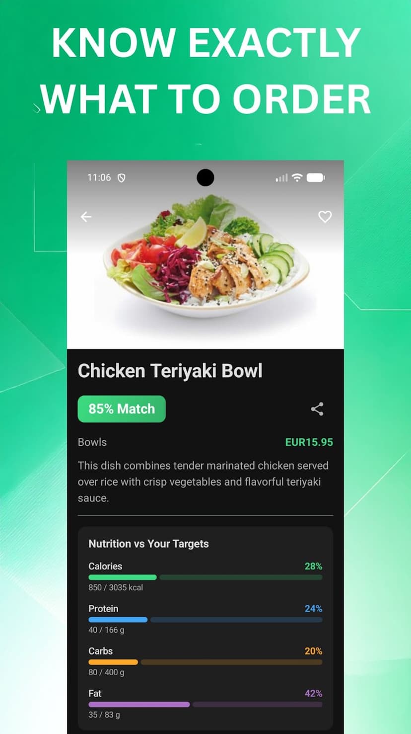 Know Exactly What to Order - Meal details with nutrition tracking
